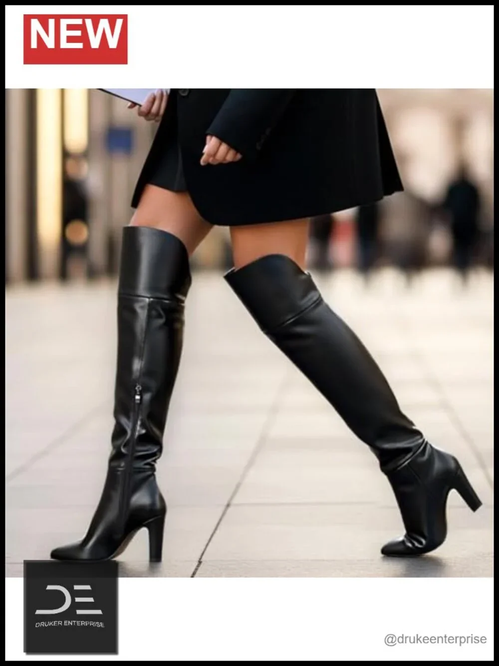 Faux Leather Thigh High Boots with Chunky Heel, Pointed Toe, Side Zipper, Over